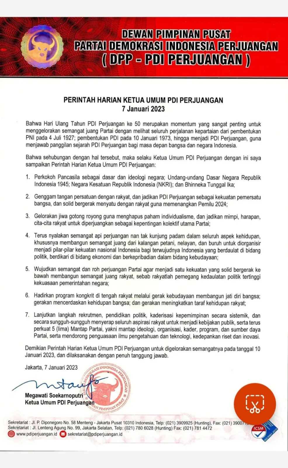 Surat Perintah Harian Megawati Untuk Kader PDIP Se Indonesia